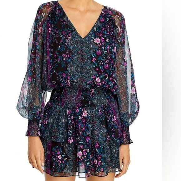 Ramy Brook Silk Ruffle Mini Dress Black Purple Paisley Floral Cocktail Boho Med - Picture 2 of 12